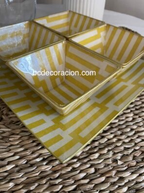 Set de Aperitivo Standar Geometrico Mostaza En BCdecoración, ofrecemos sets de aperitivos versátiles y elegantes. Realiza tu pedido online y te ayudamos a elegir estampados personalizados y resolver dudas.