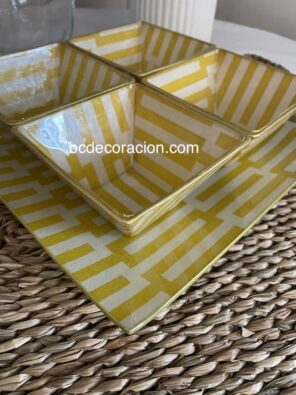 Set de Aperitivo Standar Geometrico Mostaza En BCdecoración, ofrecemos sets de aperitivos versátiles y elegantes. Realiza tu pedido online y te ayudamos a elegir estampados personalizados y resolver dudas.